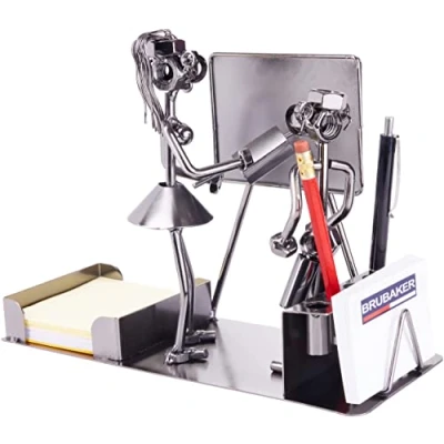 Image of BRUBAKER Screw Man Teacher with Pen Holder Handmade Iron Figure School Metal Business Card and Compartment for Notes Gift Idea