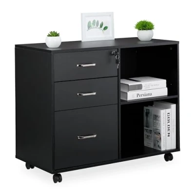 Image of Mobile Filing Cabinet, 3 Drawers, 2 Shelves, hwd: 66 x 80 40 cm, 4 Wheels, Lockable, Office Storage, Black Relaxdays