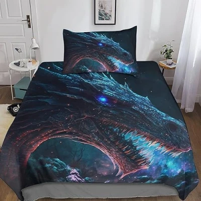 Image of GEEYOU Brave Dragon 3D Bedding 3PCs Comforter Cover Set, Cartoon Duvet with Pillowcases, Soft Microfiber Quilt Zipper Closure for Kids Teens Adults Single（135x200cm）