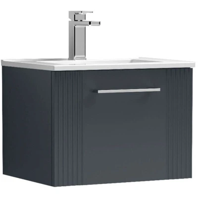Image of nuie DPF1491B Deco Modern Bathroom Wall Hung 1 Drawer Part Fluted Vanity Unit with Minimalist Ceramic Basin, Soft Black