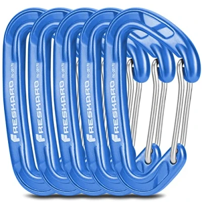 Image of FresKaro 5pack Carabiner Clips, Carabina Clip Medium Duty, Aluminium Karabiner Small Sturdy, Quick Release Spring Snap Wire gate Hook, 8kN 816kg, for Key Keyring Camping, Bottle Holder, Mini, Blue