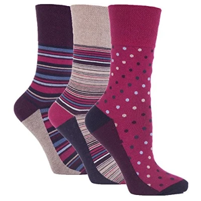 Image of 3 Pairs of Ladies Sock Shop Gentle Grip Patterned Socks, Various Designs/Colours, UK Size 4 8 (Red Stripe/Dot)