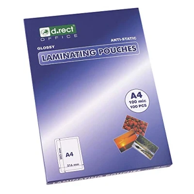Image of D.RECT Sheets to Laminate Laminating Pouches Glossy Transparent Durable Laminated Office Supplies Lamination for Long Lasting Documents Size A4 100 Microns Pack of Units