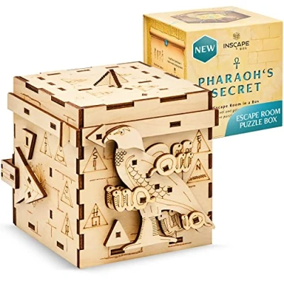 Image of INSCAPE Pharaoh&#039;s Secret Puzzle Box Escape Room in A for Adults Cluebox Mind Puzzles Boxes with Hidden Compartments Wooden