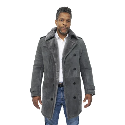 Image of Men&#039;s Grey German Military Double Breasted Real Sheepskin Suede Leather Pea Coat 2XL