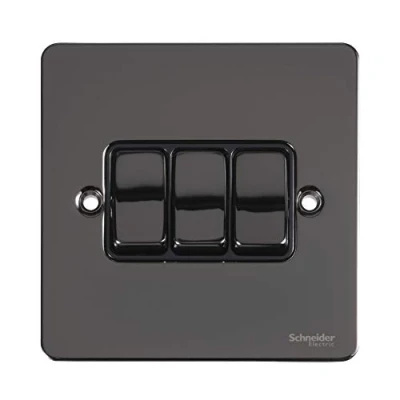 Image of Schneider Electric Ultimate Flat Plate 3 Gang Rocker 2 Way Light Switch, Single Pole, 16AX, GU1232BBN, Black Nickel with Insert