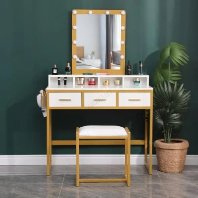 Image of WestWood Dressing Makeup Table Set Stool Vanity with Hollywood LED Mirror Storage open Compartments Drawers and Free Hair Dryer &amp; Brush Holders White/Golden