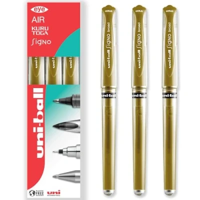 Image of uni ball Signo Pen UM 153 Broad Metallic Gel Ink Rollerball Metal 1.0mm Tip Nib Rubber Grip In Gift Box (Pack of 3, Gold)