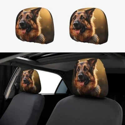Image of YYHWHJDE German shepherd dog Pattern Car Headrest Cover 2 Pcs Interior Accessories Decoration Fit Cars Vans Trucks Universal Seat