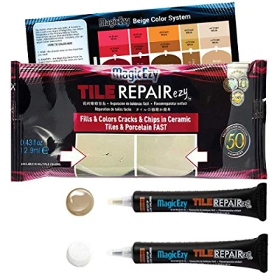 Image of MagicEzy Tile Repairezy (Beige/White Kit) Ceramic Chip Repair Filler Porcelain Crack Kit Gap Putty Bathroom Floor Tiles, Counter Tops Wall Touch Up Pen
