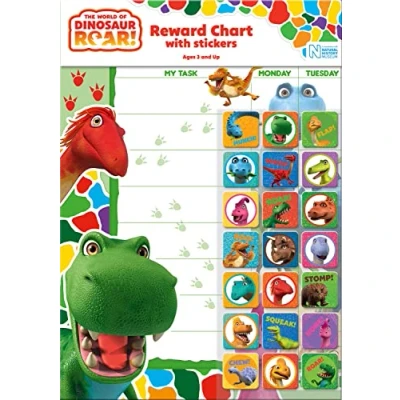 Image of Paper Projects 01.70.30.017 The World Of Dinosaur Roar Natural History Museum Reward Chart Includes 56 Sparkly Stickers, 29.7cm x 21cm