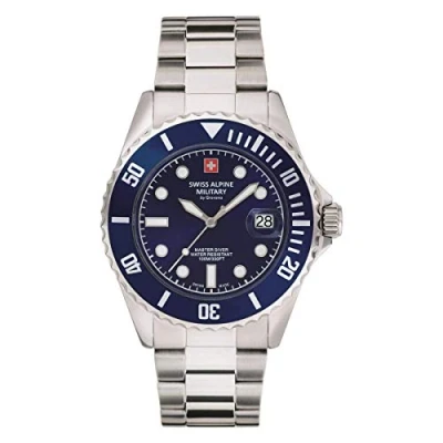 Image of Swiss Alpine Military Men&#039;s Watch, Master Dive, Analogue, Quartz, 7053.1 Stainless Steel, Steel/Blue/Blue 1135sam