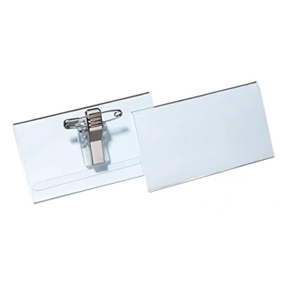 Image of Durable Name Badge 40 x 75 mm with Combi Clip Transparent Pack of 25 Badges Includes Blank Insert Cards Ideal for Events and Visitor Management