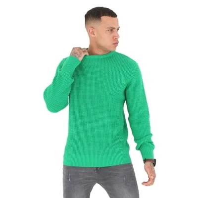 Image of BRAVE SOUL Mens Jumpers Knit Warm Sweater Long Sleeve Sweat Shirts, Green Bee Colour, UK Size M