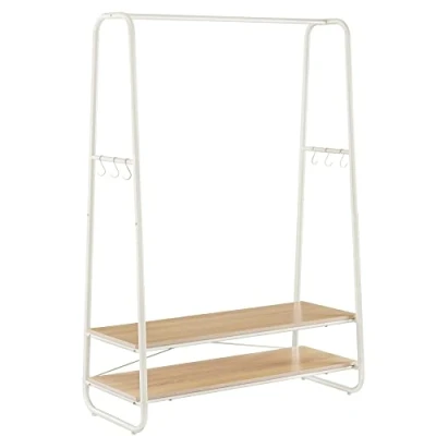 Image of VASAGLE Clothes Rail, Rack with 2 Shelves, 6 S Shaped Hooks, Steel Frame, for Bedroom, Oak and Cream White RGR112W09