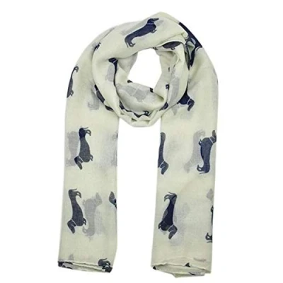 Image of London Scarfs Ladies Women s Dachshund Sausage Dog Scarves of Cute Animal Print Oversize Long Scarf Wrap Shawl (Ivory/Cream)