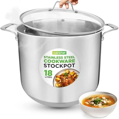 Image of NutriChef 19 Quart Stainless Steel Stock Pot 18/8 Food Grade Heavy Duty Induction Large Pot, Stew Simmering Soup with See Through Lid NCSP20