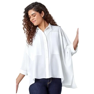 Image of Roman Relaxed Smart Stretch Shirt for Women UK Ladies Spring Everyday Summer Break 3/4 Length Sleeve Soft Classic Collar Comfy Lightweight Blouse Vacation Tops Ivory Size 16