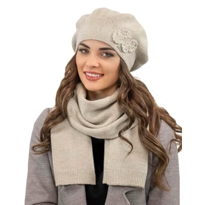 Image of Vivisence Elegant Women&#039;s Winter Set Including Classic Beret with Floral Decoration and Matching Long Warm Wool Scarf Ideal for Cold Autumn Days, Beige,UNI