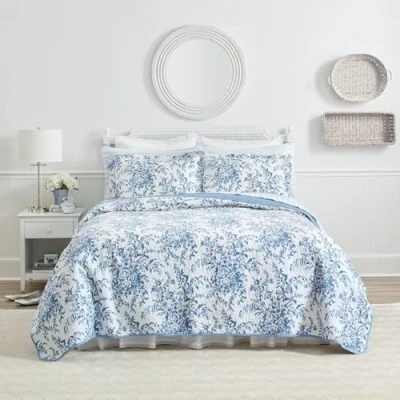 Image of Laura Ashley Reversible Cotton Bedding with Matching Shams, Lightweight Home Decor for All Seasons, Bedford Delft Blue, King