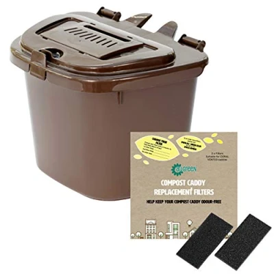 Image of Brown 5L Vented Kitchen Compost Caddy Composting Bin for Food Waste Recycling &amp; 1 x Pack of 2 Filters and Mounting Bracket