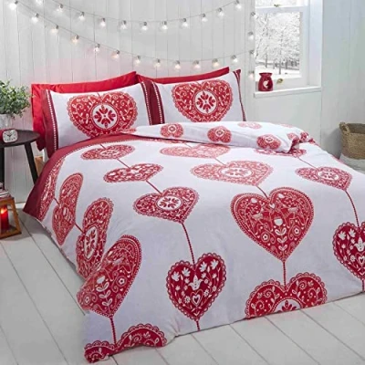 Image of Rapport Hearts Christmas Scandi Duvet Cover Set, 100% brushed cotton Red, Double