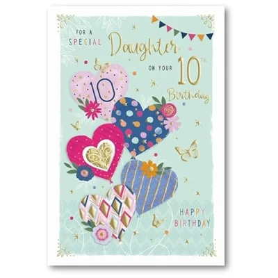 Image of ICG Special Daughter 10th Birthday Card Age 10 Love Heart Balloons, Butterfly and Flowers Embossed with Foil Details