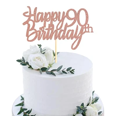 Image of Sumerk Rose Gold Glitter Happy 90th Birthday Cake Topper for Anniversary Party Decorations Pack of 1