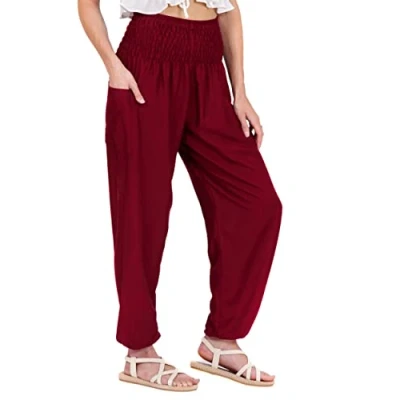 Image of Lofbaz Harem Pants for Women Yoga Boho Hippie Clothing Womens Palazzo Bohemian Pajama Trousers Beach Indian Gypsy Genie Clothes Solid 1 Burgundy L