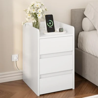 Image of YITAHOME Bedside Table with 3 Drawers and Power Station, Modern Nightstand End Table, Water Resistant Storage Side for Living Room Bedroom, 35 x 40 59cm (White)