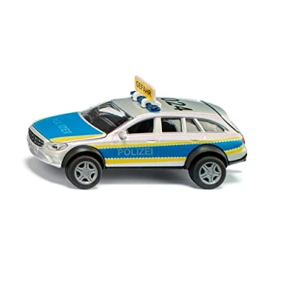 Image of siku 2302, Police car Mercedes Benz E Class, All Terrain 4x4², toy, 1:50, Metal/plastic, Blue/white, Incl. warning sign with stickers, Trailer coupling, Openable bonnet and tailgate
