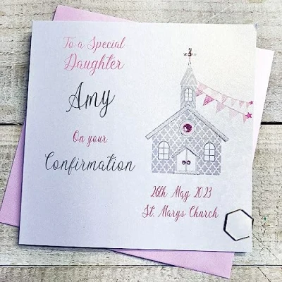 Image of WHITE COTTON CARDS DAUGHTER PERSONALISED CONFIRMATION CARD, PINK CHURCH DESIGN, HAND FINISHED (X) P23 47 D