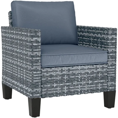 Image of Outsunny Single Seater Rattan Garden Armchair, PE Wicker Chair with Armrests and Cushions, Galvanised Steel Frame for Conservatory, Porch, Light Grey