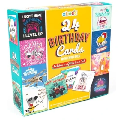 Image of abeec 24 Pcs Birthday Cards with Envelopes, Assorted Multipack. For Children, Blank White Envelopes Included. Happy Cards, Different Designs Inside Box
