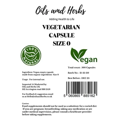 Image of Empty Vegan Capsules Size 0 by Oils and Herbs UK 100% Plant Based Halal (250)