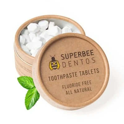 Image of SuperBee Dentos Toothpaste Tablets, 100 Tabs, Fluoride Free &amp; Eco Friendly, Travel Mouthwash Sensitive Bites for Kids and Adults, Chewable Tablet, Spearmint