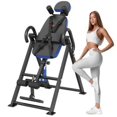 Image of VEVOR Inversion Table, 300 lbs Capacity Heavy Duty Decompression Back Stretcher Machine, Strength Training Equipment with Headrest, Ankle Lock, Adjustable Protective Belt, Blue/Black