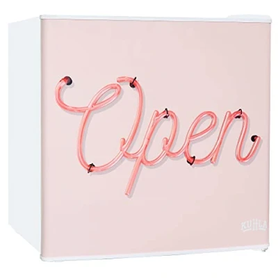 Image of Kuhla 45L Mini Fridge with Ice Box, Stylish Design, Inc Adjustable Thermostat, Door Racks and Removable Shelf, Small Drinks Ideal for Home Office Open Sign Pink, White KTTF4GB 1025 E