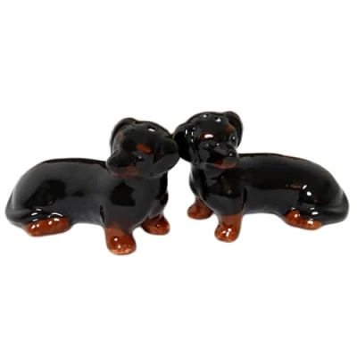 Image of Dachshund Salt and Pepper Shakers Set Black Ceramic Glossy Dog Animal Cruet Pair