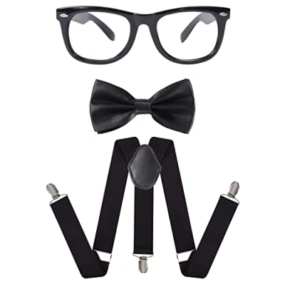 Image of Dreamzfit Adult NERD Fancy Dress Carnival Costume Set BLACK GEEK GLASSES, BOW TIE &amp; SUSPENDERS BRACES Hen/Stag Night Cosplay Theme Party Outfits