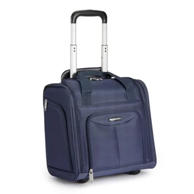Image of Amazon Basics Underseat Travel Luggage/Suitcase with Telescopic Handle and 2 in line Skate Wheels 35.5 cm, Navy Blue