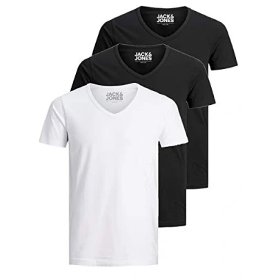 Image of Jack and Jones Men&#039;s Basic V Neck T Shirt, Pack of 3, Plain Slim Fit in White, Black, Blue, Grey, Colour Mix 5, M