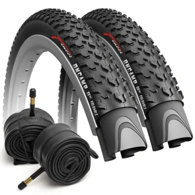 Image of Fincci Set of Foldable 27.5 x 2.10 Inch Bike Tyres Oncamp 54 584 with Schrader Inner Tubes for Road Mountain MTB Mud Dirt Offroad Bicycle (Pack 2)