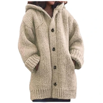 Image of Women&#039;S Hooded Knit Sweater Autumn And Winter Knitted Sweater, Thick Long Sleeve Button Cardigan Jacket, Loose Khaki Large Pocket, Casual Outdoor Christmas New Year Gift,Khaki,3Xl