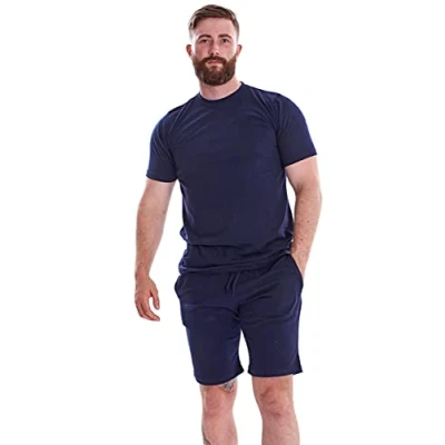 Image of Malay Plain Pyjama Set Shorts Blended Jersey Round Neck Loungewear Solid Soft T Shirt Navy