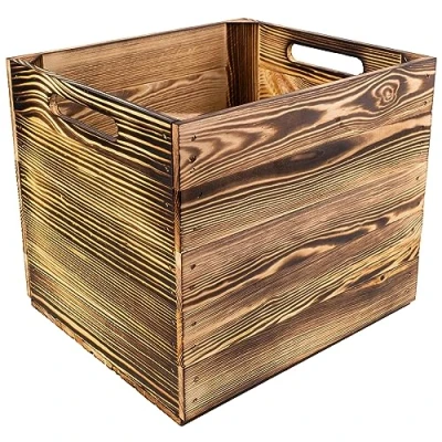 Image of Creative Deco Flamed Large Wooden Storage Box 33x37x33cm Suitable for Kallax Shelves Natural Brown Colour Comfortable Handles Vintage Keepsake Chest Gift Organiser