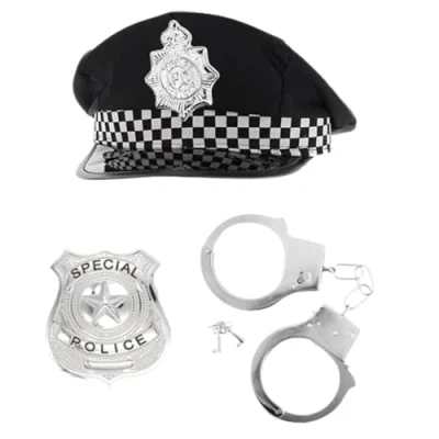 Image of FNA FASHIONS® Mens Police Officer Policeman Fancy Dress Costume Set Hat, Handcuffs, and Badge Included