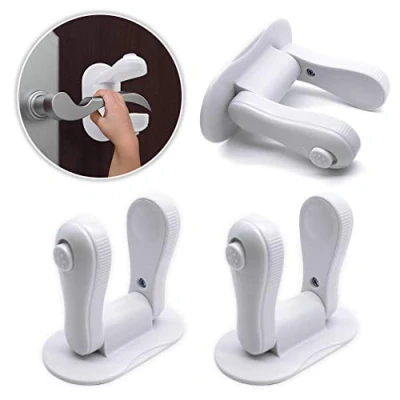 Image of 3 Pack Door Lever Lock SACONELL White Handles Adhesive Child Safety Baby Proofing Locks for Cabinet, Cupboard, Window, Drawer and Dresser Closet
