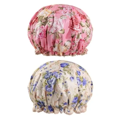 Image of Bath Caps Elastic Band Waterproof Shower With Ruffled Edge Covering Ears Keeping Hair Dry Kitchen Oil proof Cap for Girls and Women (peony)