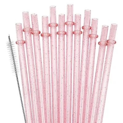 Image of SUNDEE Reusable Plastic Straws, Glitter Straws Drinking Straw Thick BPA Free Accessories, Set of 12 Pcs Colorful with Cleaning Brush Pink